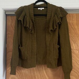 Madewell Olive Green Ruffle Cardigan Chunky Knit Open Front Cotton Boho Size S